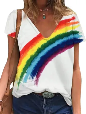 Gay Pride Shirts Women LGBT Lesbian Rainbow Tshirt Gay Proud Inspirational Tees Love Heart Print LGBTQ Equality V Neck Tops