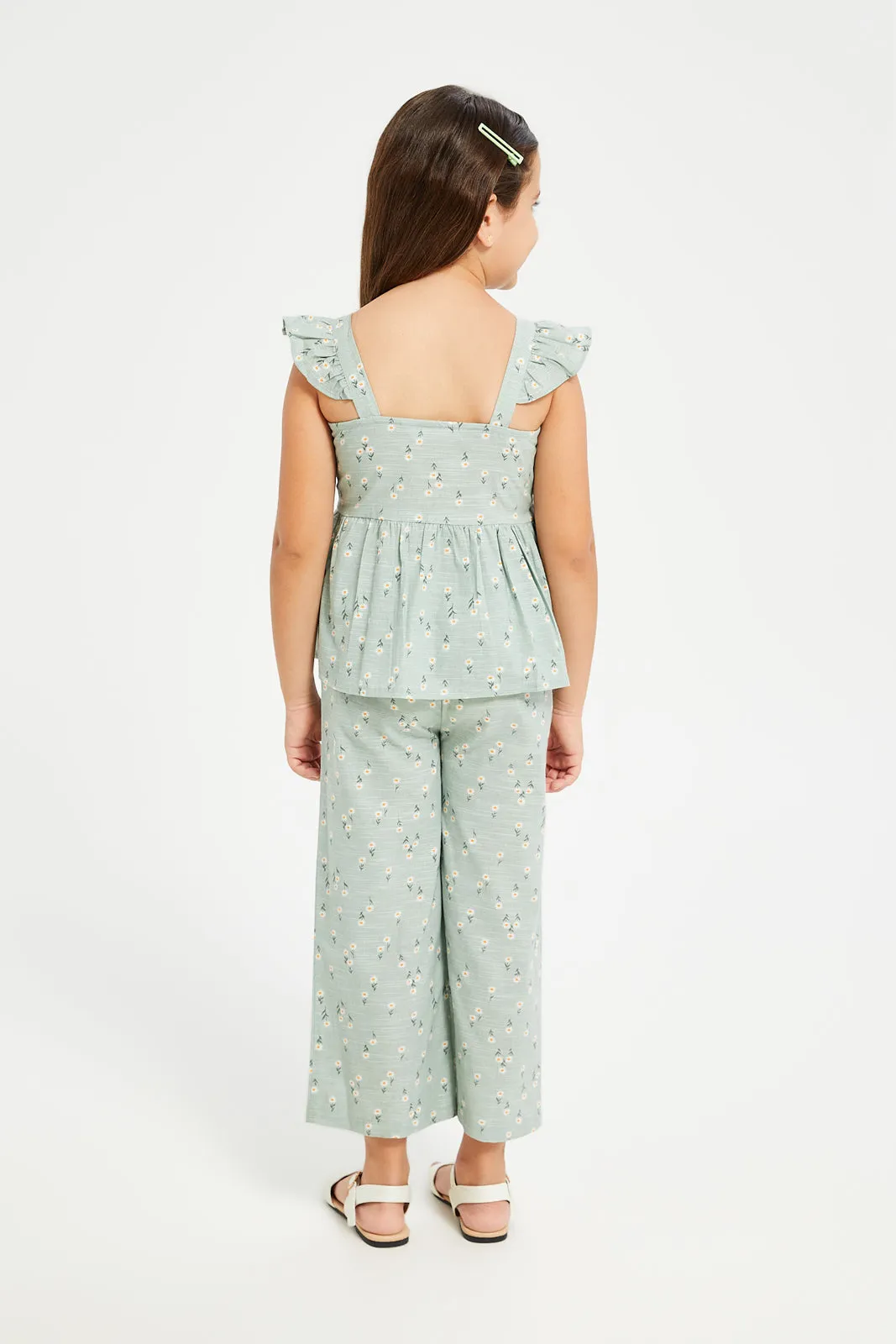 Girls Green Wide Leg Trouser & Peplum Blouse Set (2 Piece)