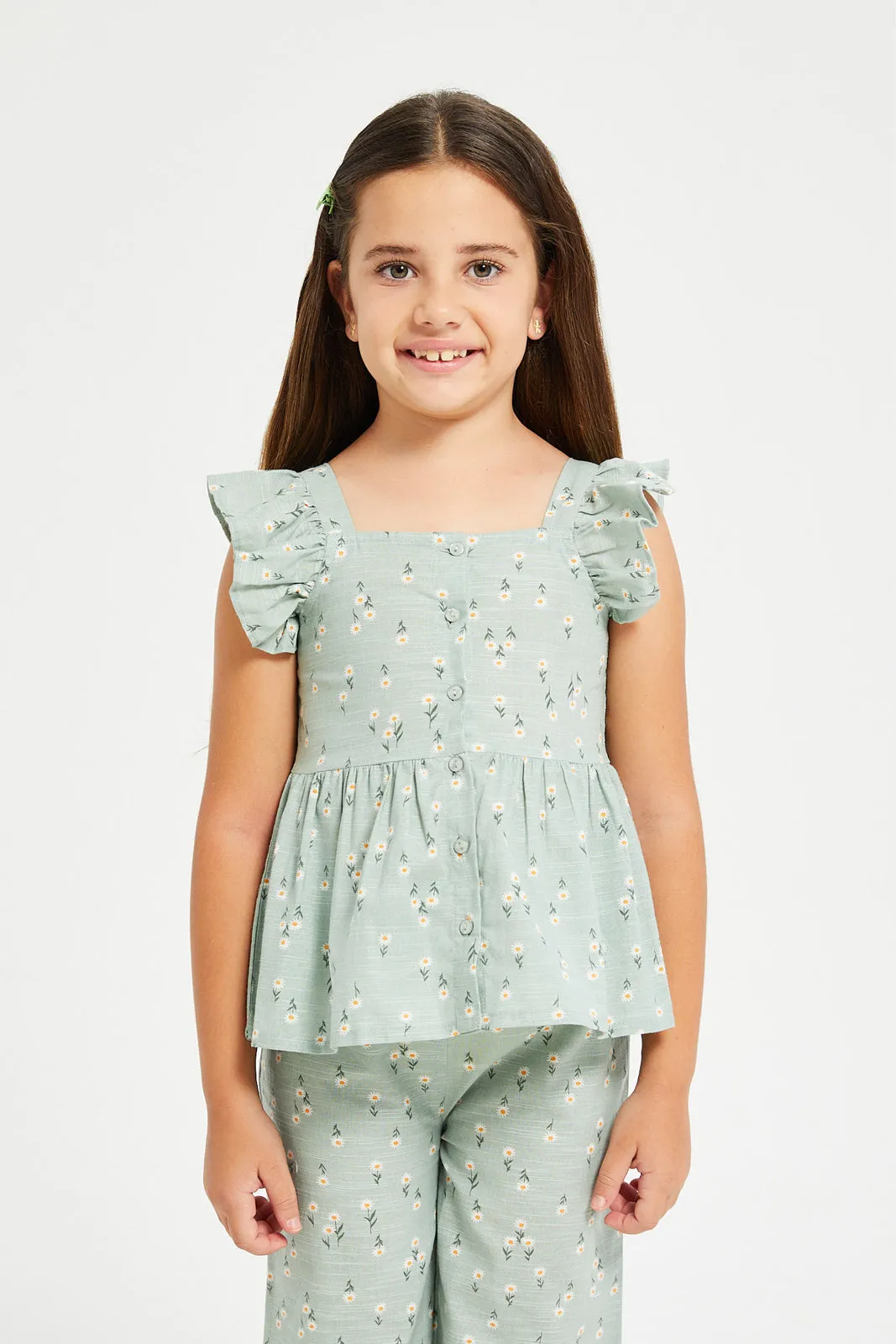 Girls Green Wide Leg Trouser & Peplum Blouse Set (2 Piece)