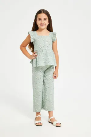 Girls Green Wide Leg Trouser & Peplum Blouse Set (2 Piece)