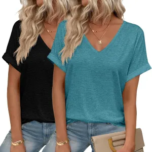 HOTOUCH Womens Summer Tops Roll-up Short Sleeve V Neck Basic T Shirts Workout Soft Fashion Trendy Plain Casual Tees