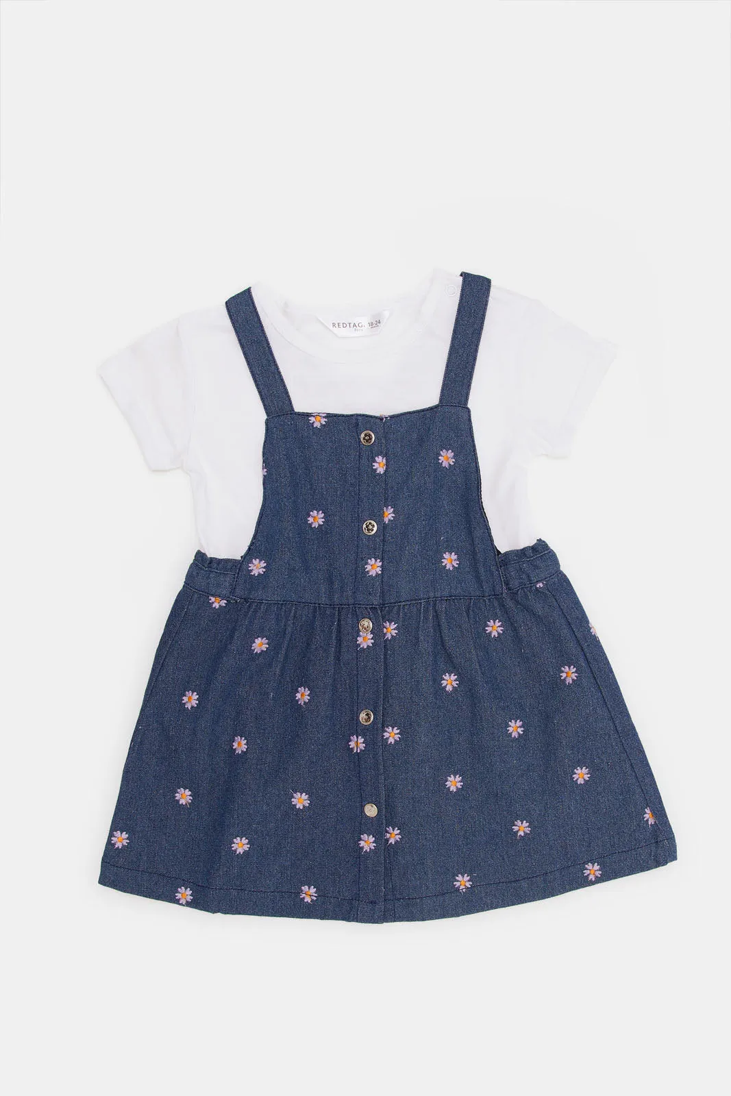 Infant Girls Navy Denim Dungaree With T-Shirt (2 Piece)