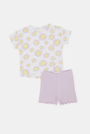 Infant Girls White Floral Print T Shirt Set (2 Piece)