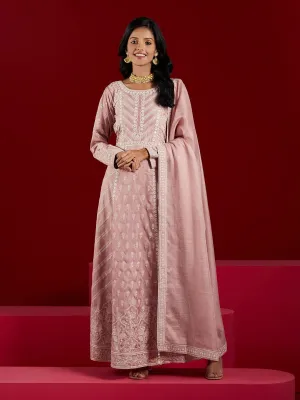 Jashvi Art Dusty Pink Embroidered Silk A-Line Kurta With Trousers & Dupatta