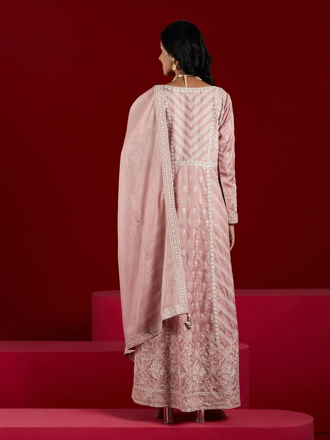 Jashvi Art Dusty Pink Embroidered Silk A-Line Kurta With Trousers & Dupatta