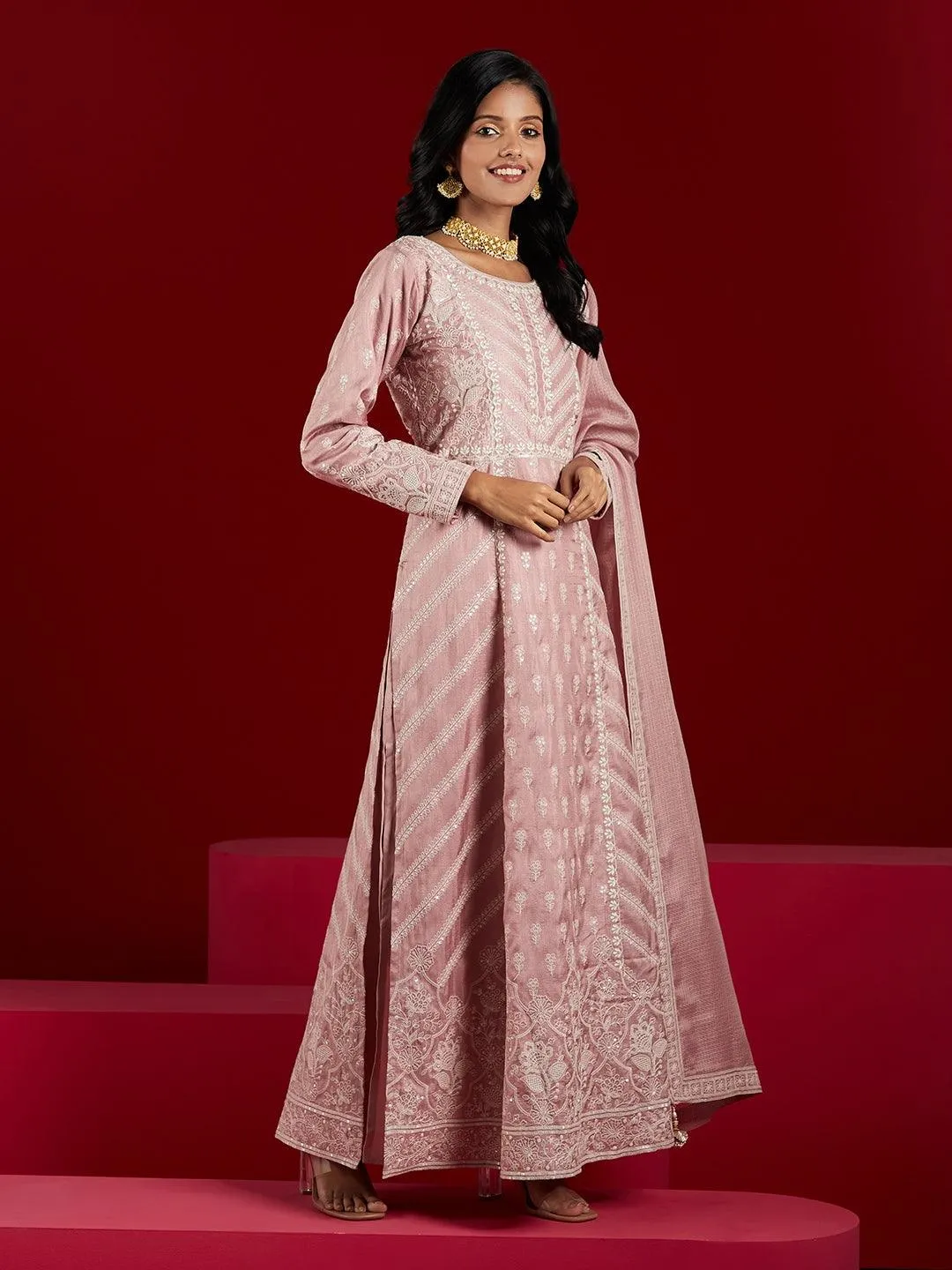 Jashvi Art Dusty Pink Embroidered Silk A-Line Kurta With Trousers & Dupatta