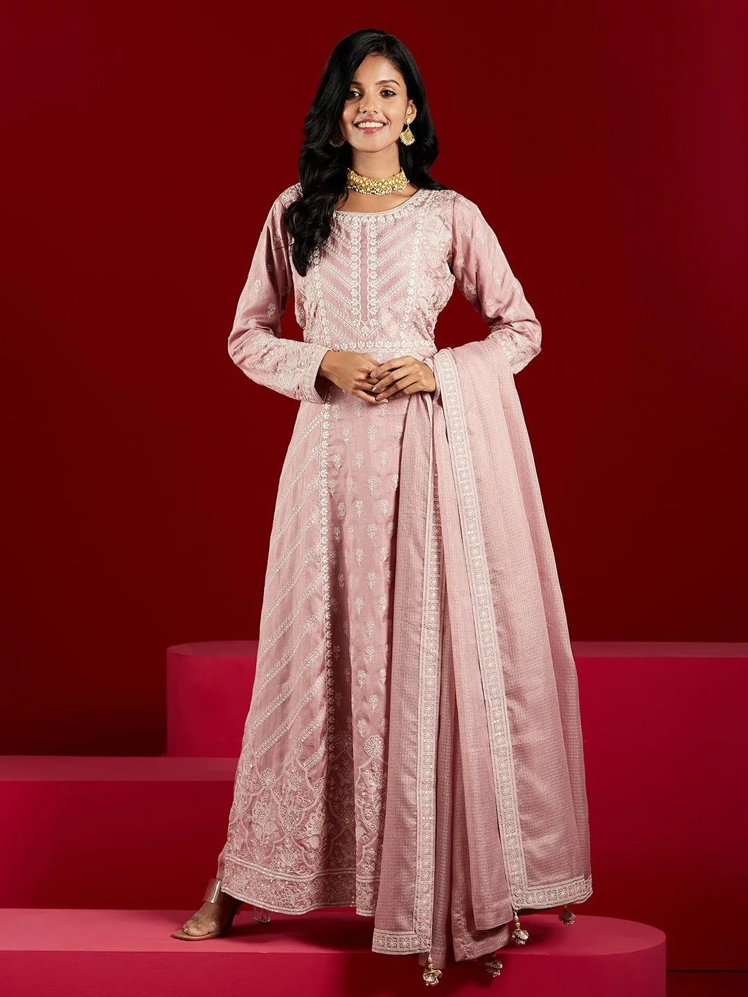 Jashvi Art Dusty Pink Embroidered Silk A-Line Kurta With Trousers & Dupatta