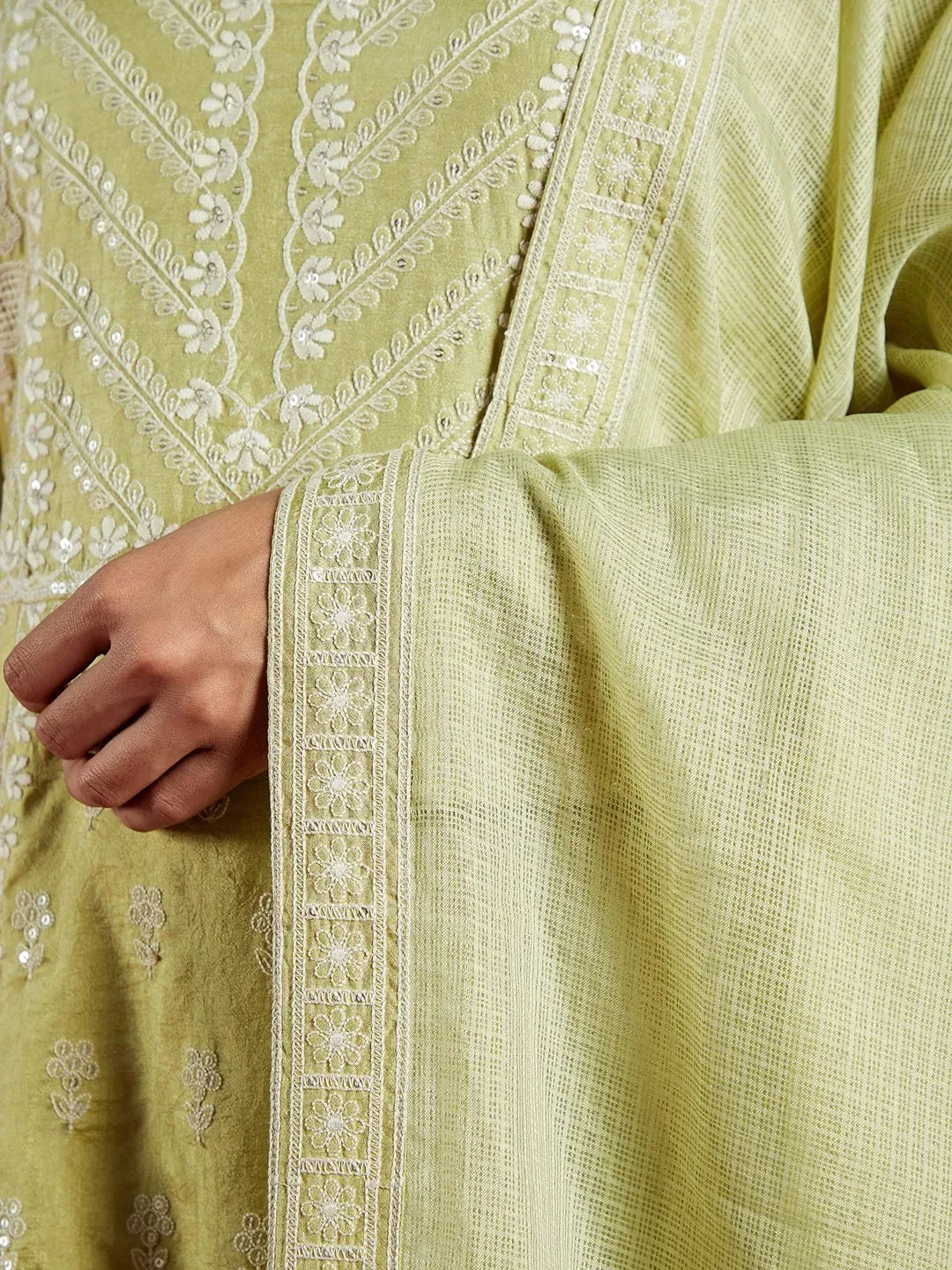 Jashvi Art Green Embroidered Silk A-Line Kurta With Trousers & Dupatta