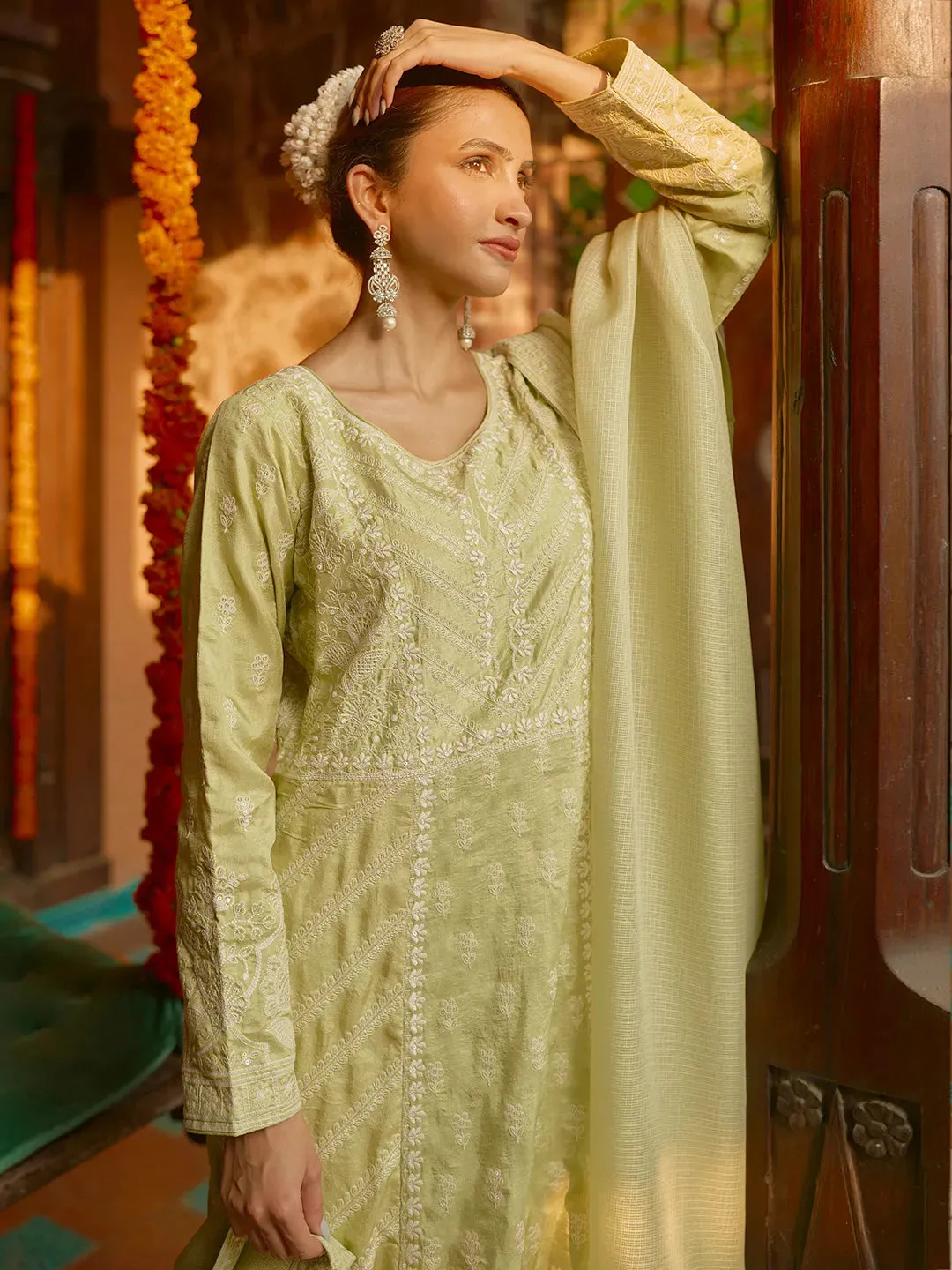 Jashvi Art Green Embroidered Silk A-Line Kurta With Trousers & Dupatta
