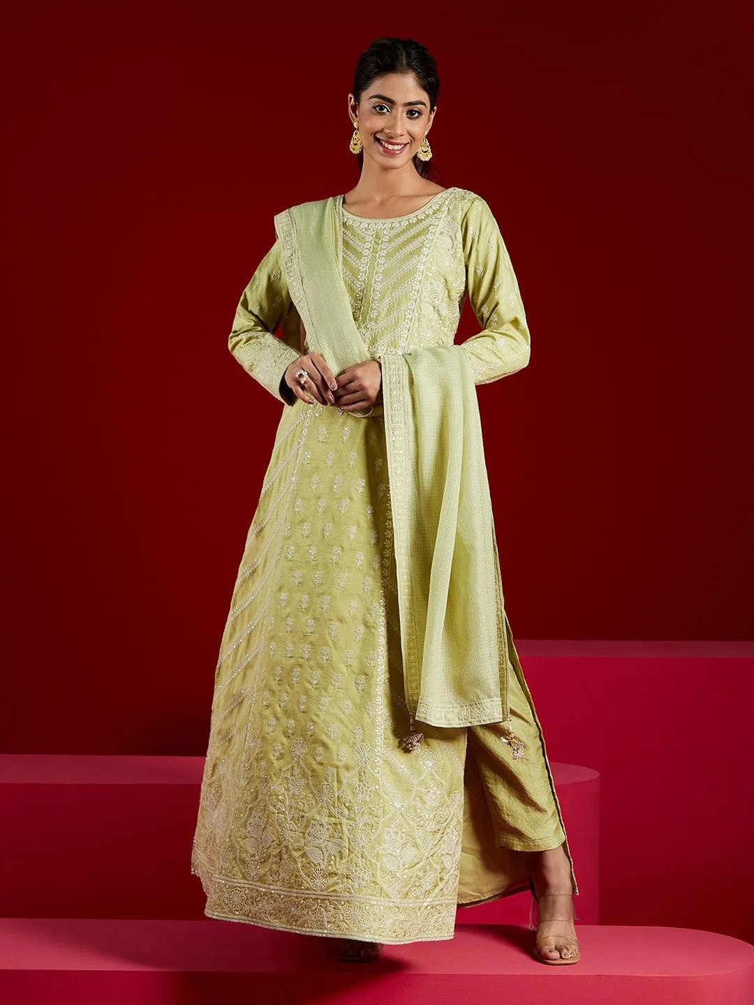 Jashvi Art Green Embroidered Silk A-Line Kurta With Trousers & Dupatta