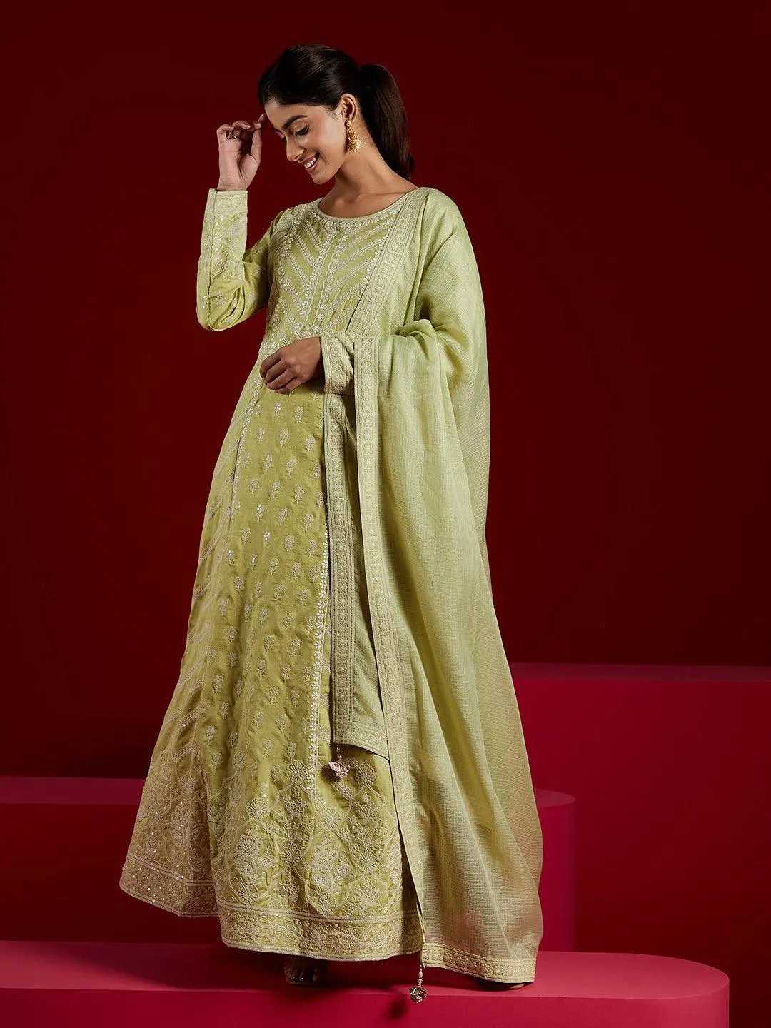 Jashvi Art Green Embroidered Silk A-Line Kurta With Trousers & Dupatta