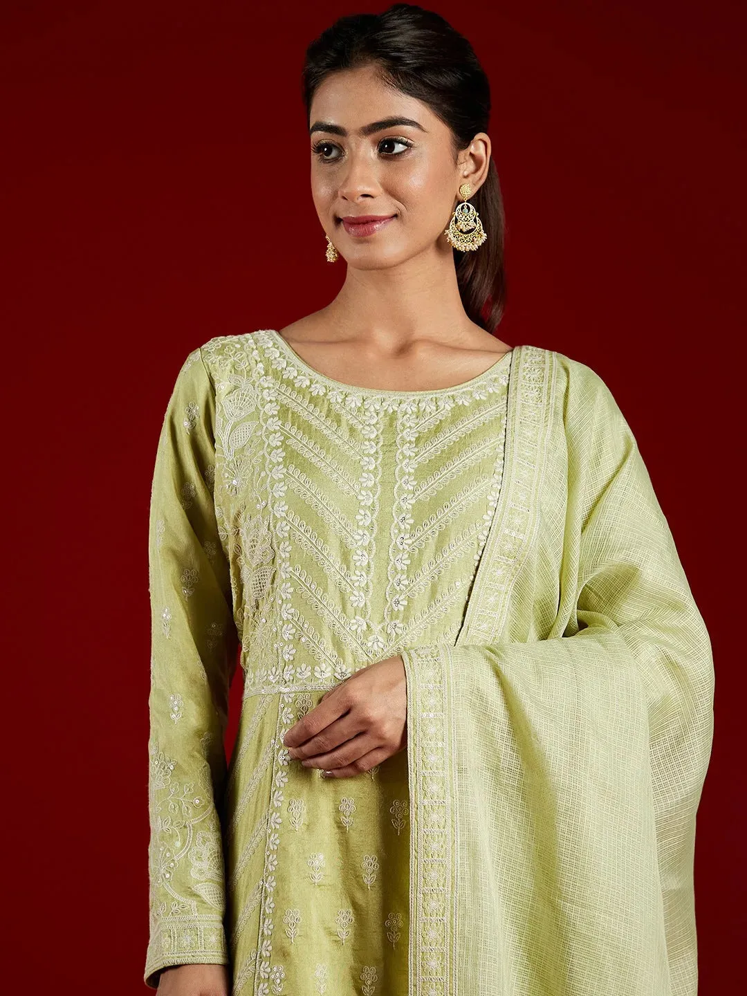 Jashvi Art Green Embroidered Silk A-Line Kurta With Trousers & Dupatta