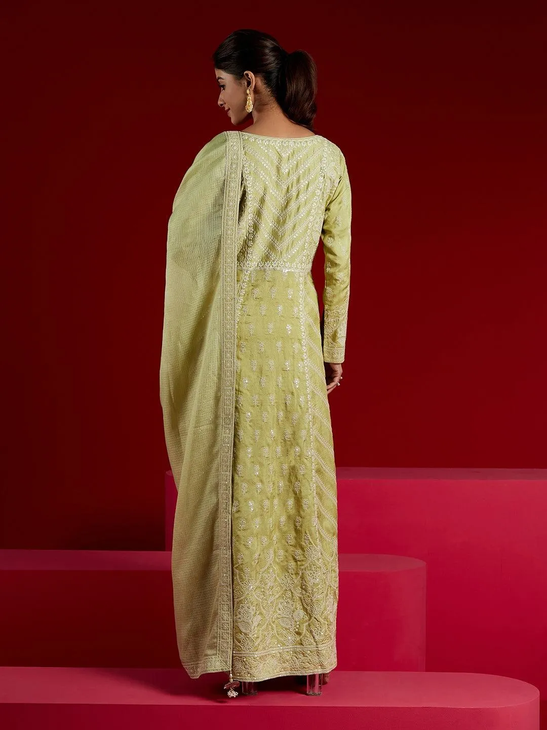Jashvi Art Green Embroidered Silk A-Line Kurta With Trousers & Dupatta