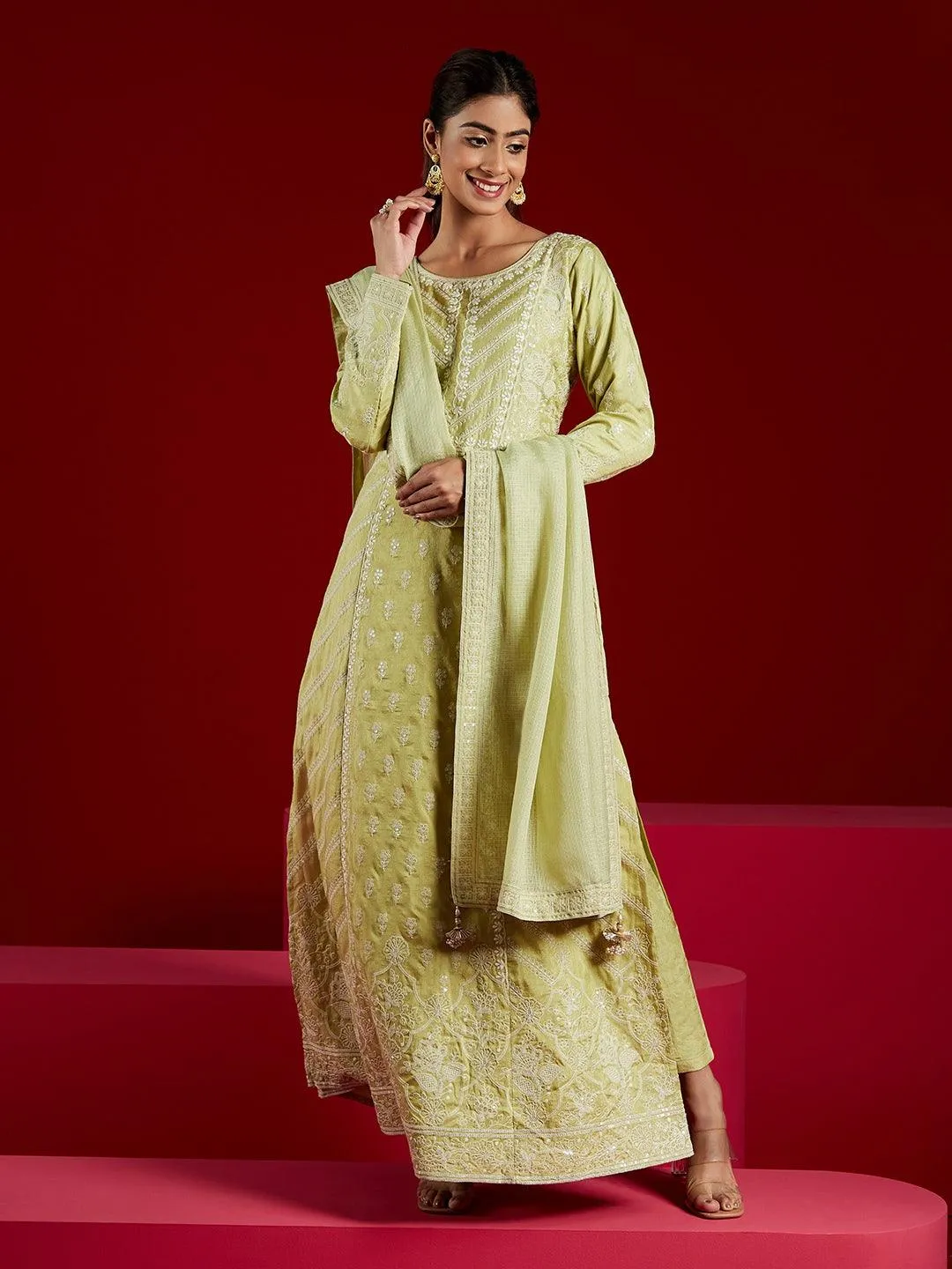 Jashvi Art Green Embroidered Silk A-Line Kurta With Trousers & Dupatta