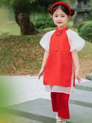 Kids Ao Dai Girl Red Puffy Sleeve