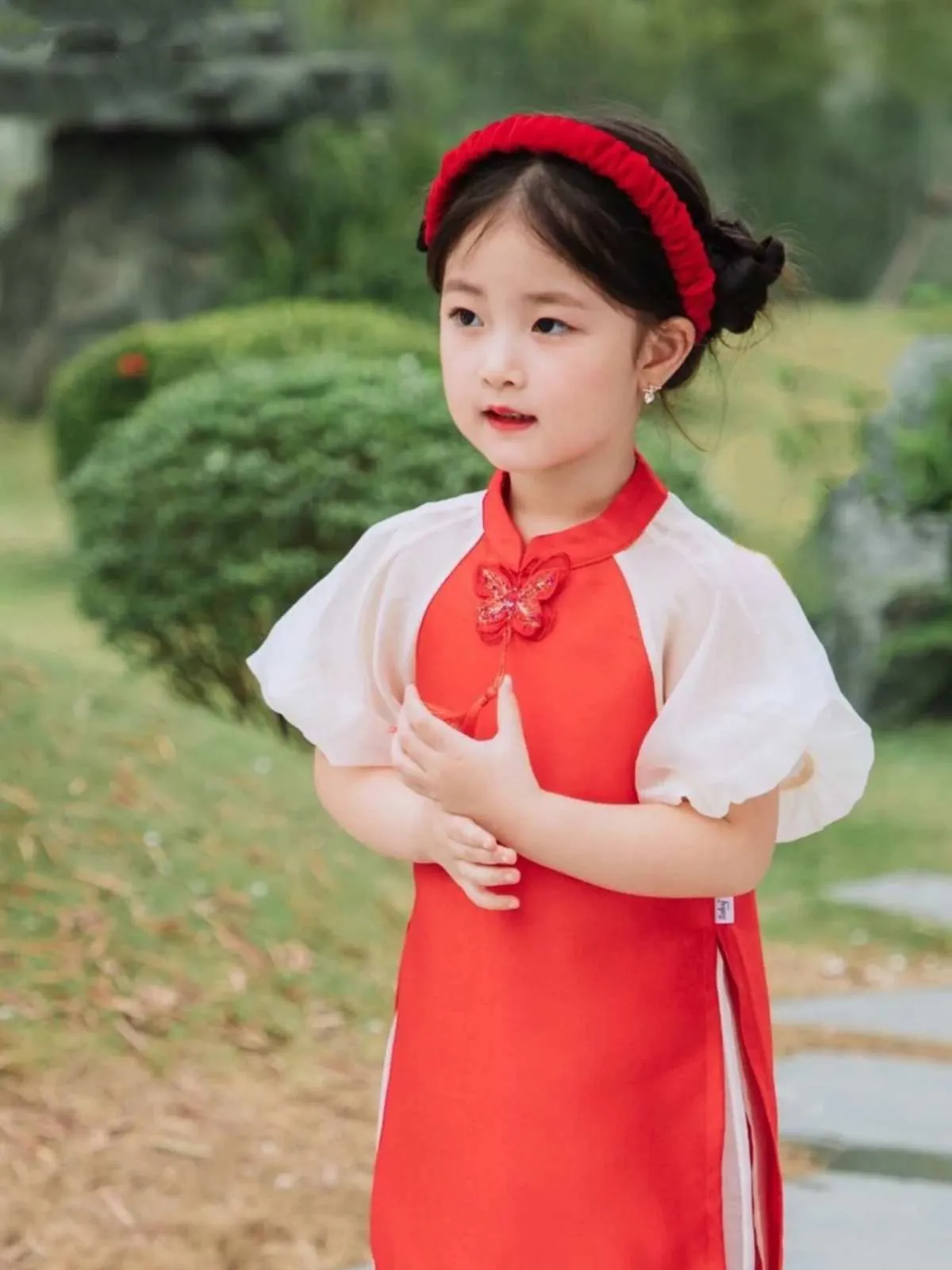 Kids Ao Dai Girl Red Puffy Sleeve