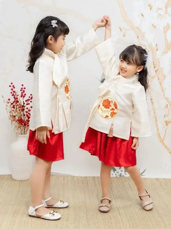 Kids Ao Dai Girl White & Red Ao Dai Set