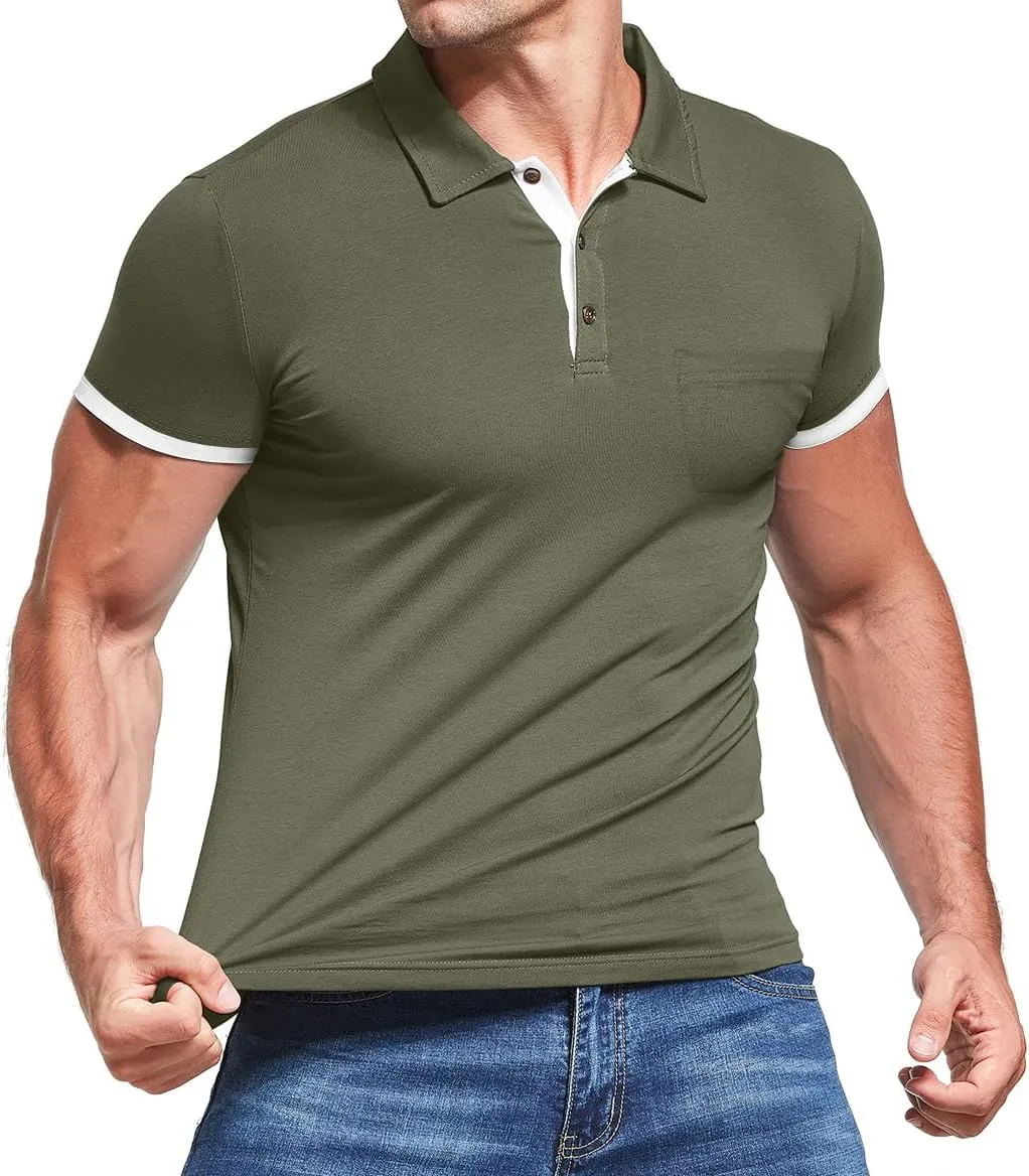 KUYIGO Men's Short&Long Sleeve Polo Shirts Casual Slim Fit Solid Soft Button Cotton Pocket Collared Shirt
