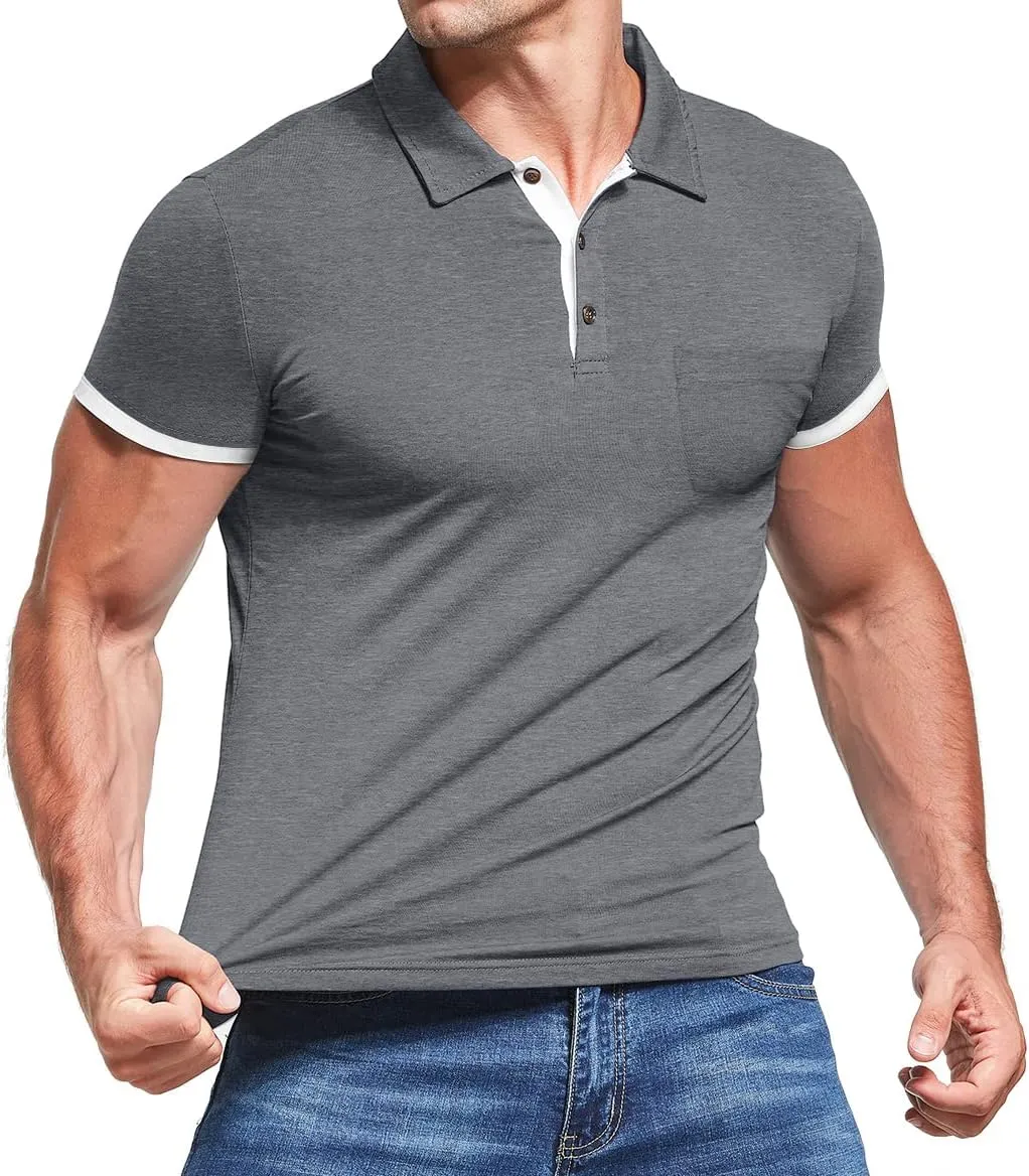 KUYIGO Men's Short&Long Sleeve Polo Shirts Casual Slim Fit Solid Soft Button Cotton Pocket Collared Shirt