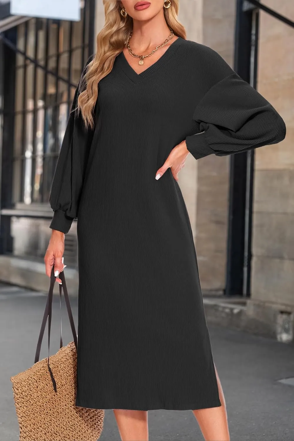MITILLY Long Sleeve Dress for Women 2024 Fall Outfits Loose Cozy Ribbed Knit V Neck Slit Casual Midi Dress with Pockets