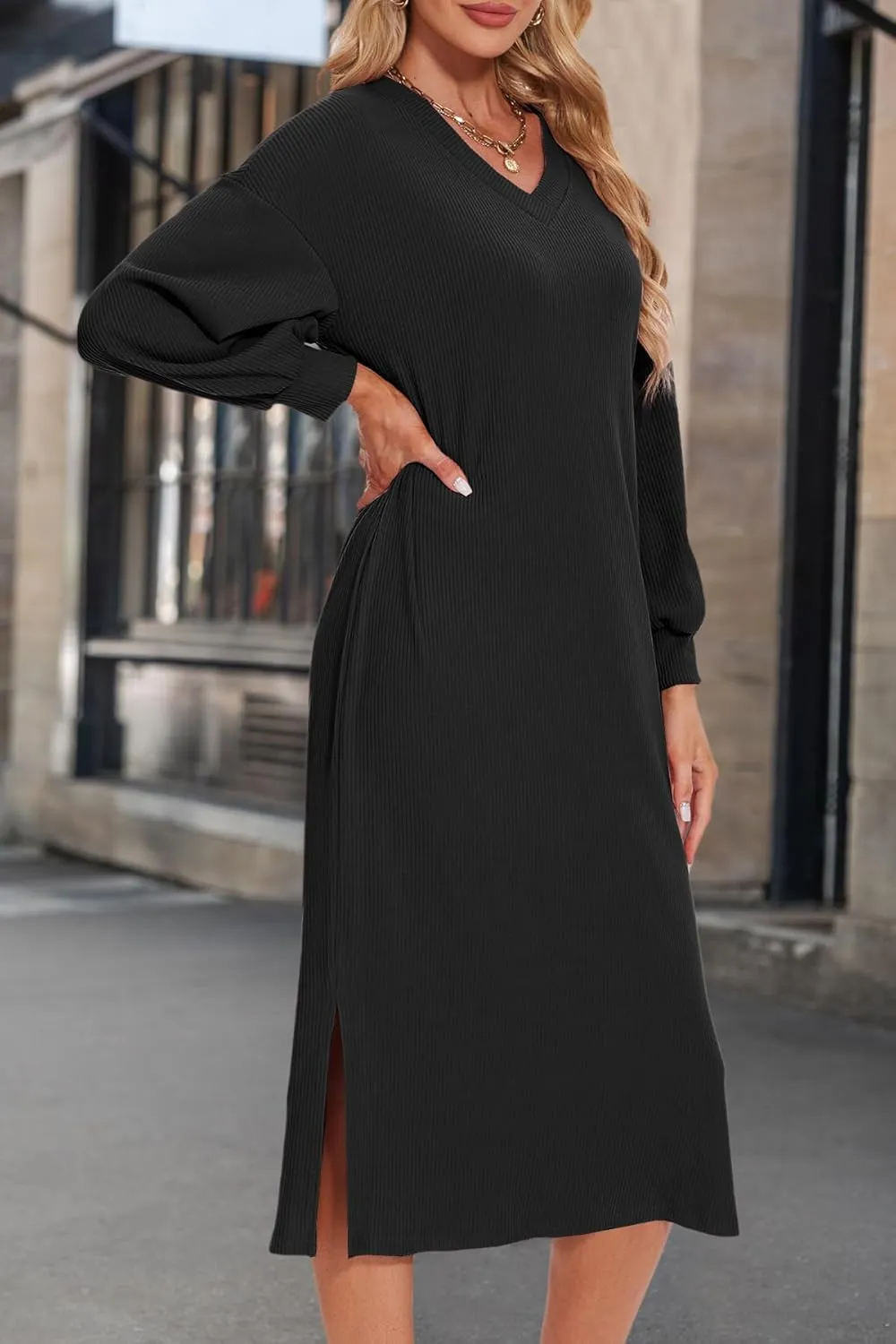 MITILLY Long Sleeve Dress for Women 2024 Fall Outfits Loose Cozy Ribbed Knit V Neck Slit Casual Midi Dress with Pockets