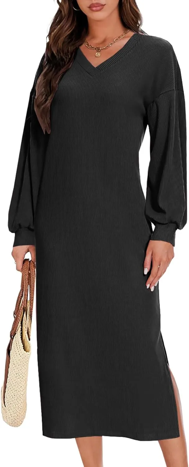 MITILLY Long Sleeve Dress for Women 2024 Fall Outfits Loose Cozy Ribbed Knit V Neck Slit Casual Midi Dress with Pockets