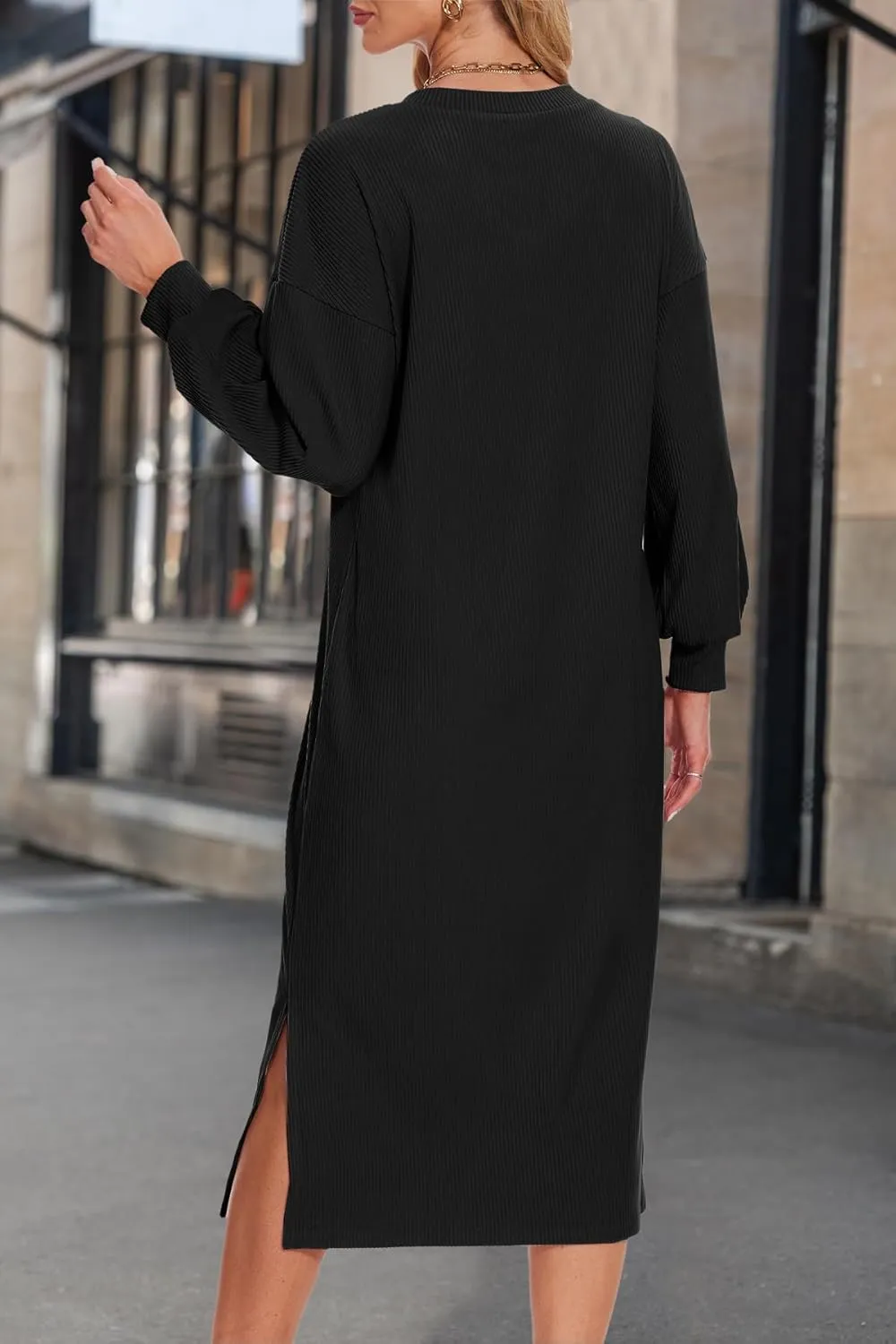 MITILLY Long Sleeve Dress for Women 2024 Fall Outfits Loose Cozy Ribbed Knit V Neck Slit Casual Midi Dress with Pockets