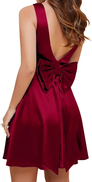 MUXXN Women's Vintage 1950s Sleeveless Big Bow Backless Cocktail Homecoming Mini Short Dress