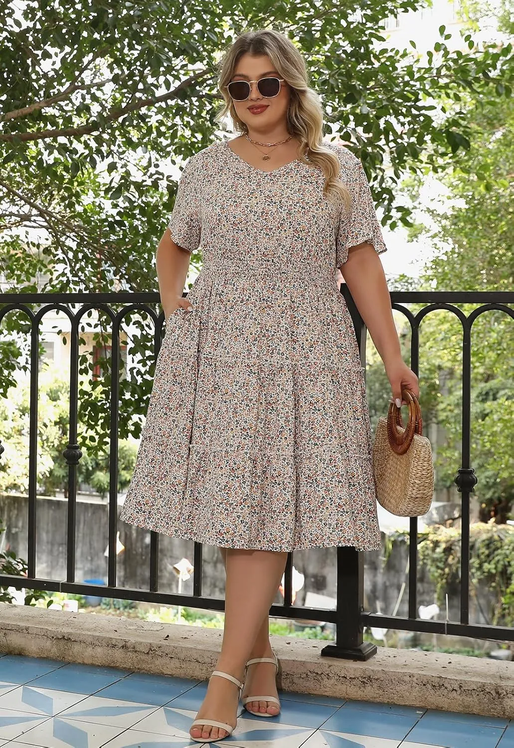 Nemidor Womens Plus Size Summer Midi Dress Casual Tiered Floral Print Beach Swing Boho Dresses with Pocket 16-26