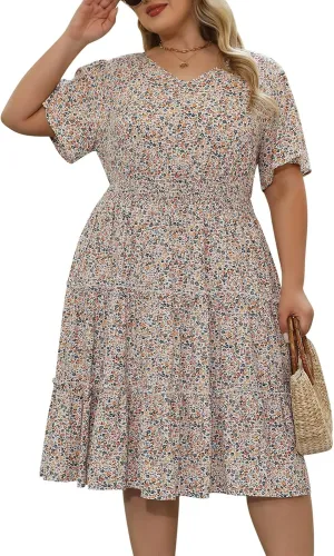 Nemidor Womens Plus Size Summer Midi Dress Casual Tiered Floral Print Beach Swing Boho Dresses with Pocket 16-26