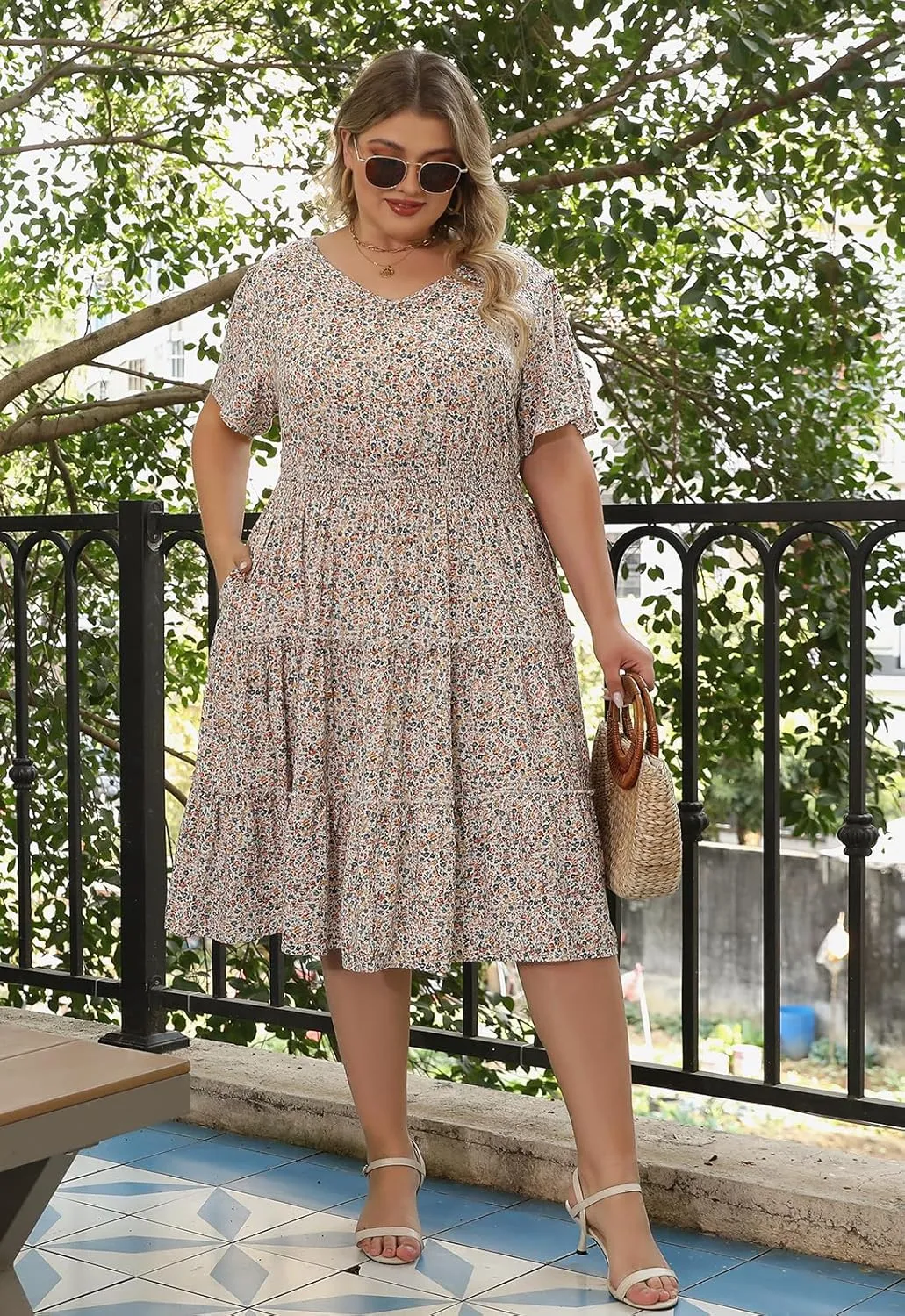 Nemidor Womens Plus Size Summer Midi Dress Casual Tiered Floral Print Beach Swing Boho Dresses with Pocket 16-26