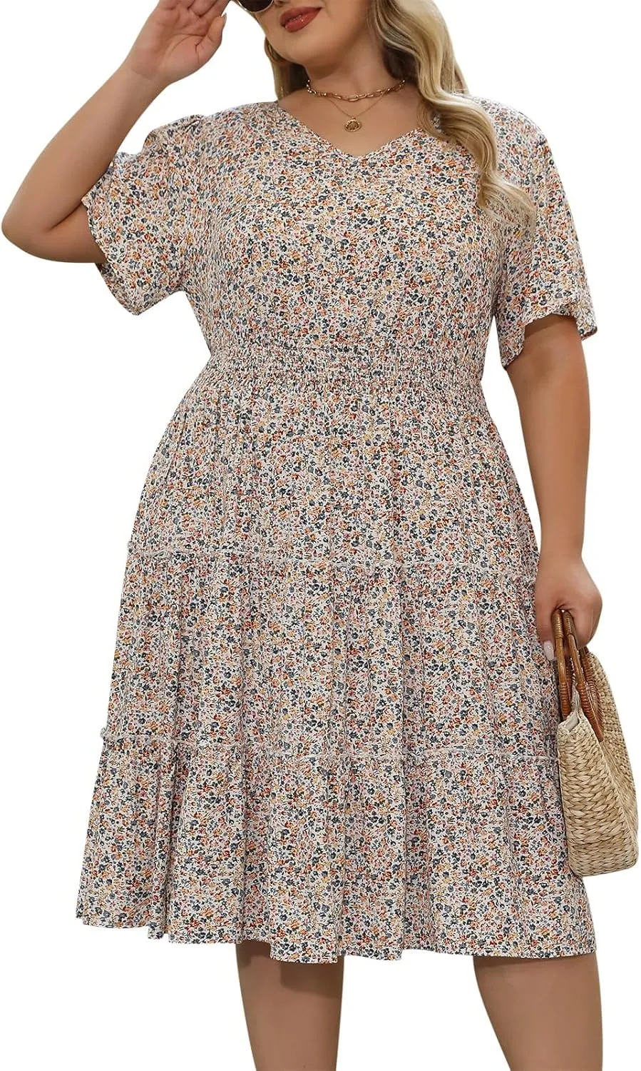 Nemidor Womens Plus Size Summer Midi Dress Casual Tiered Floral Print Beach Swing Boho Dresses with Pocket 16-26