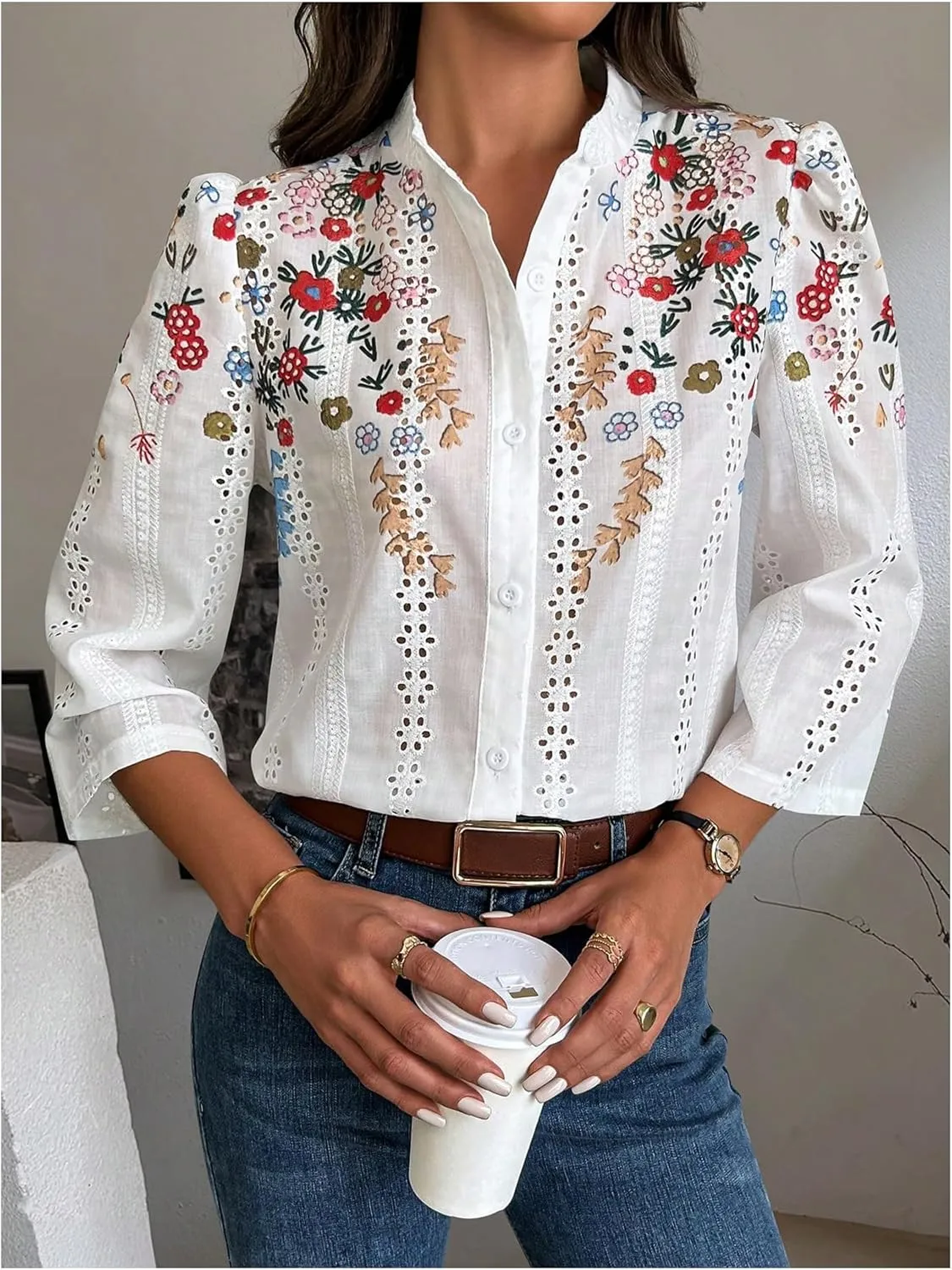 OYOANGLE Women's Floral Eyelet Embroidery Band Collared 3/4 Puff Sleeve Blouses Button Down Casual Shirts