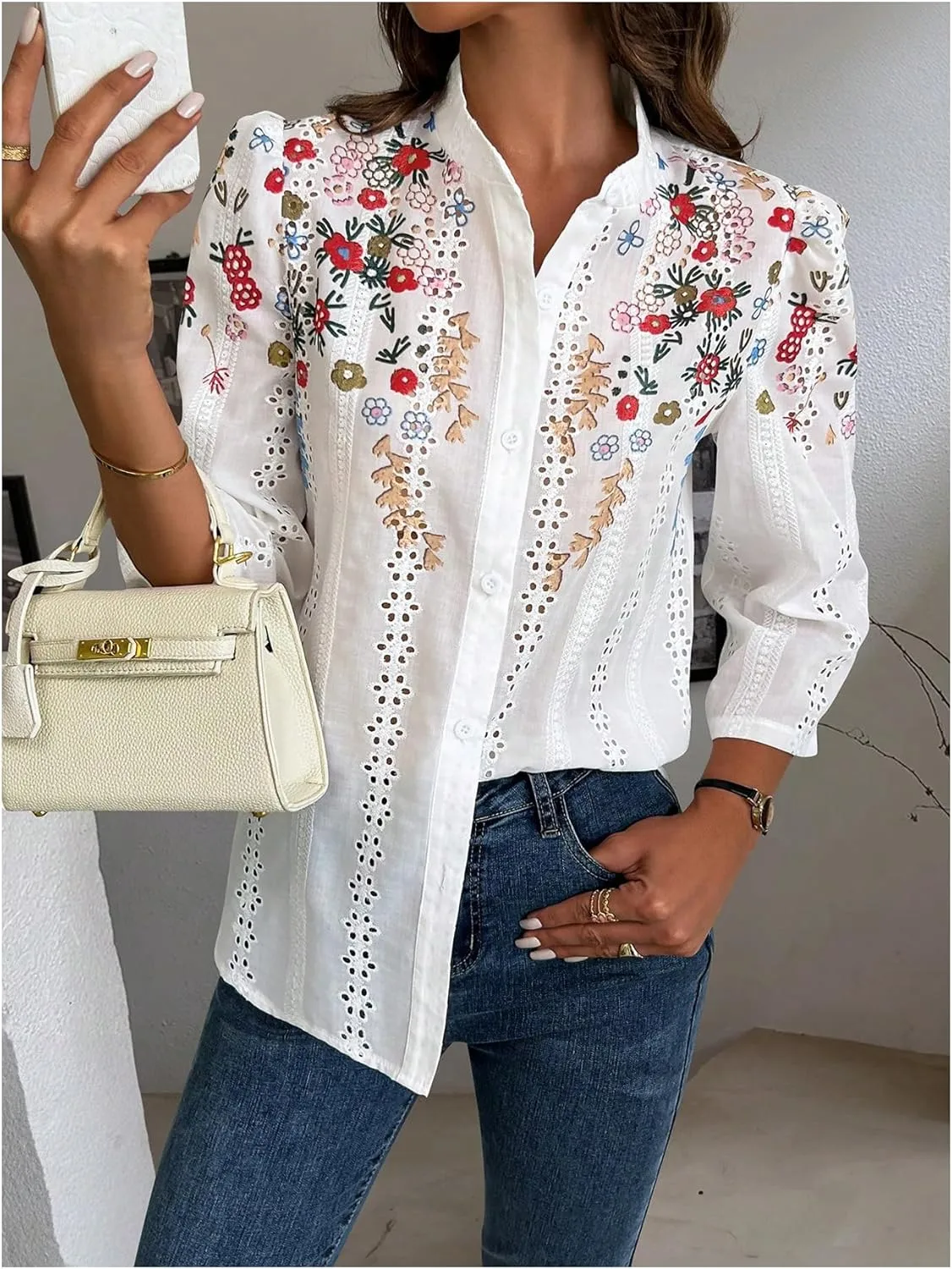 OYOANGLE Women's Floral Eyelet Embroidery Band Collared 3/4 Puff Sleeve Blouses Button Down Casual Shirts