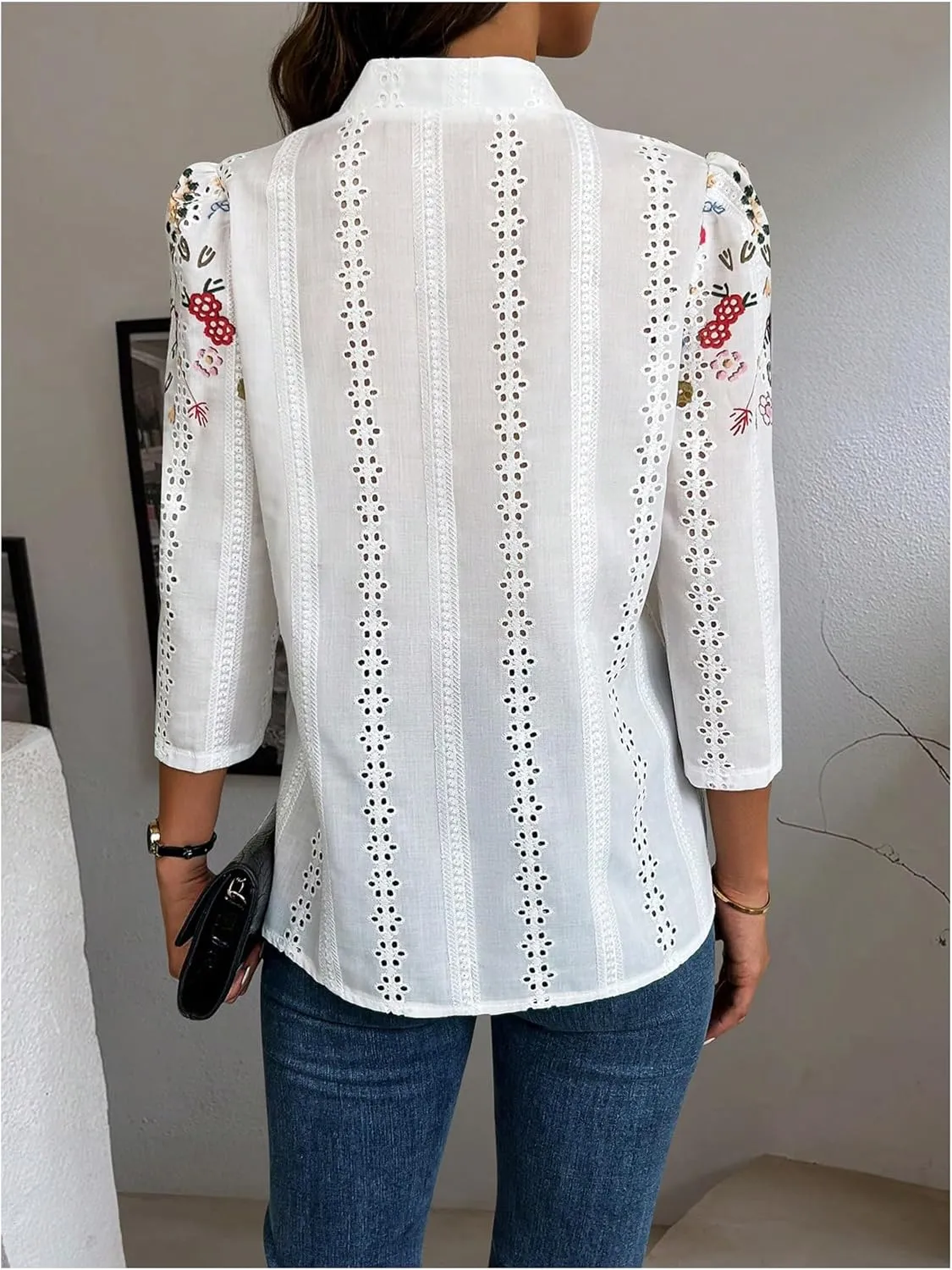 OYOANGLE Women's Floral Eyelet Embroidery Band Collared 3/4 Puff Sleeve Blouses Button Down Casual Shirts