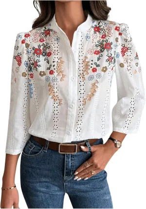 OYOANGLE Women's Floral Eyelet Embroidery Band Collared 3/4 Puff Sleeve Blouses Button Down Casual Shirts