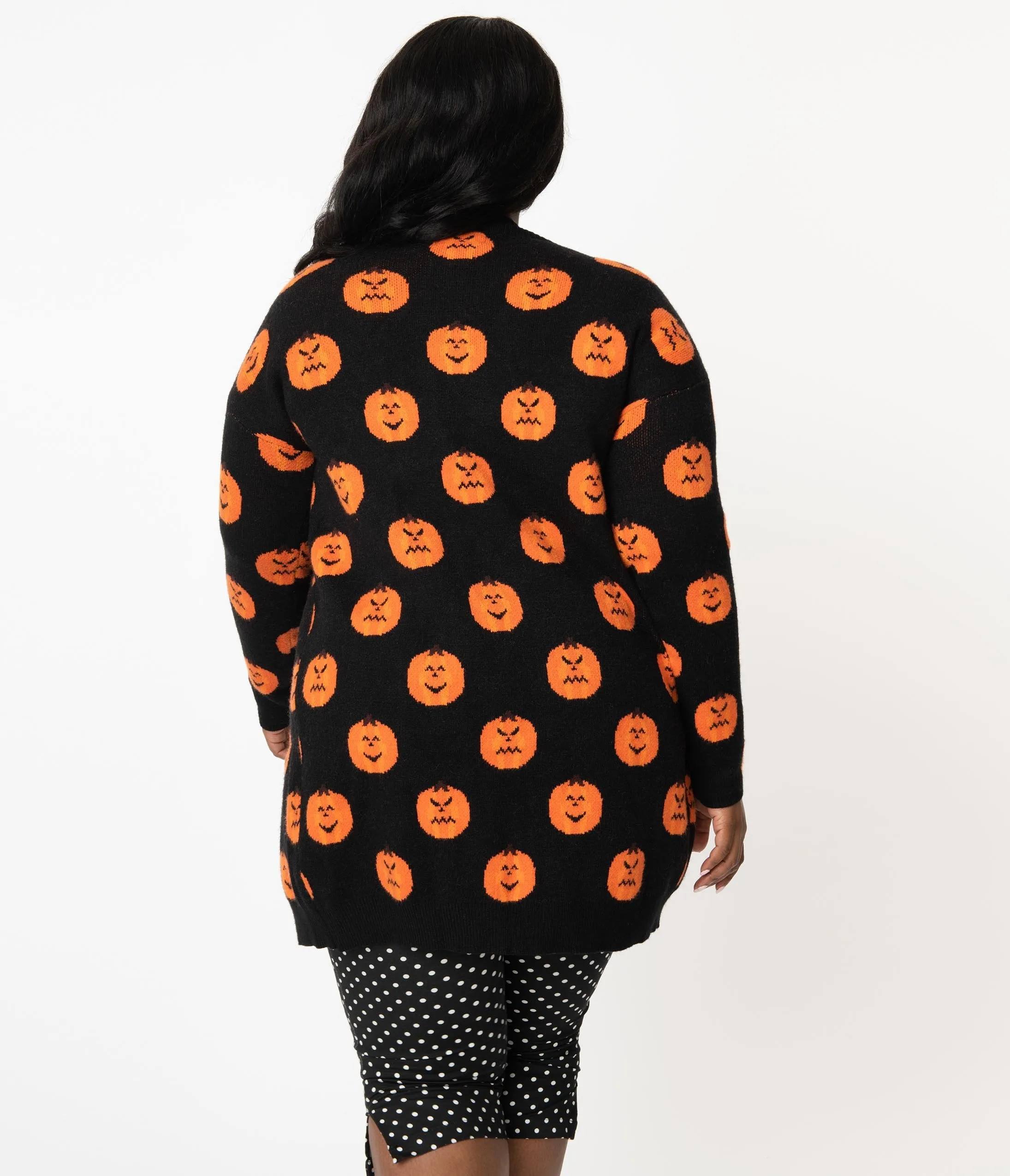 Plus Size Black & Orange Pumpkins Open Long Cardigan