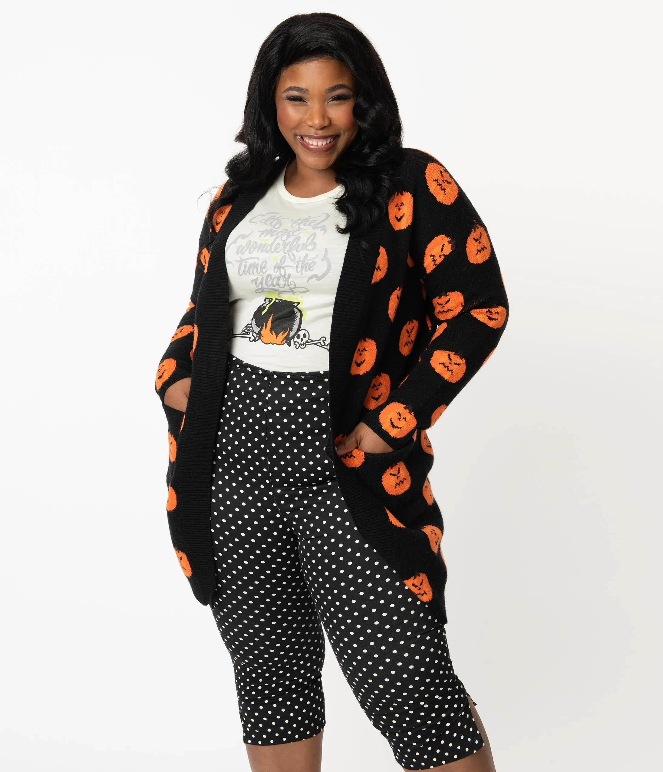 Plus Size Black & Orange Pumpkins Open Long Cardigan