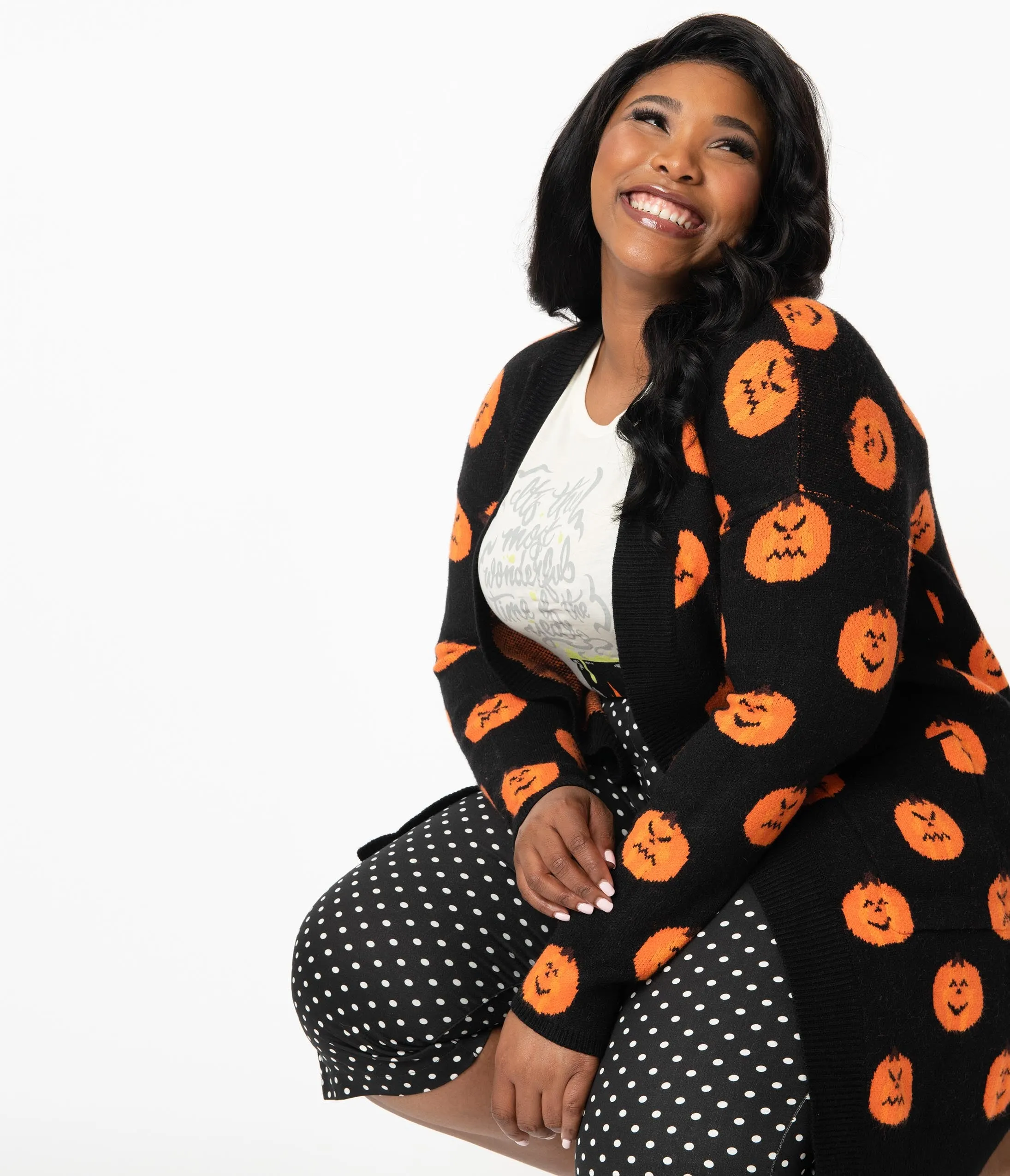 Plus Size Black & Orange Pumpkins Open Long Cardigan