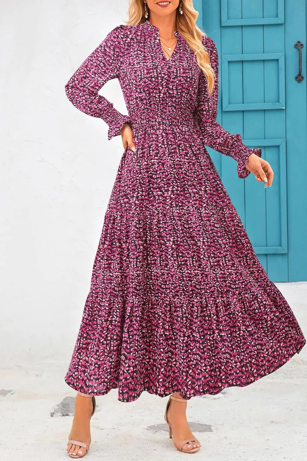 PRETTYGARDEN Women's Floral Maxi Dress 2025 Spring Long Sleeve V Neck Casual A Line Long Flowy Boho Party Dresses
