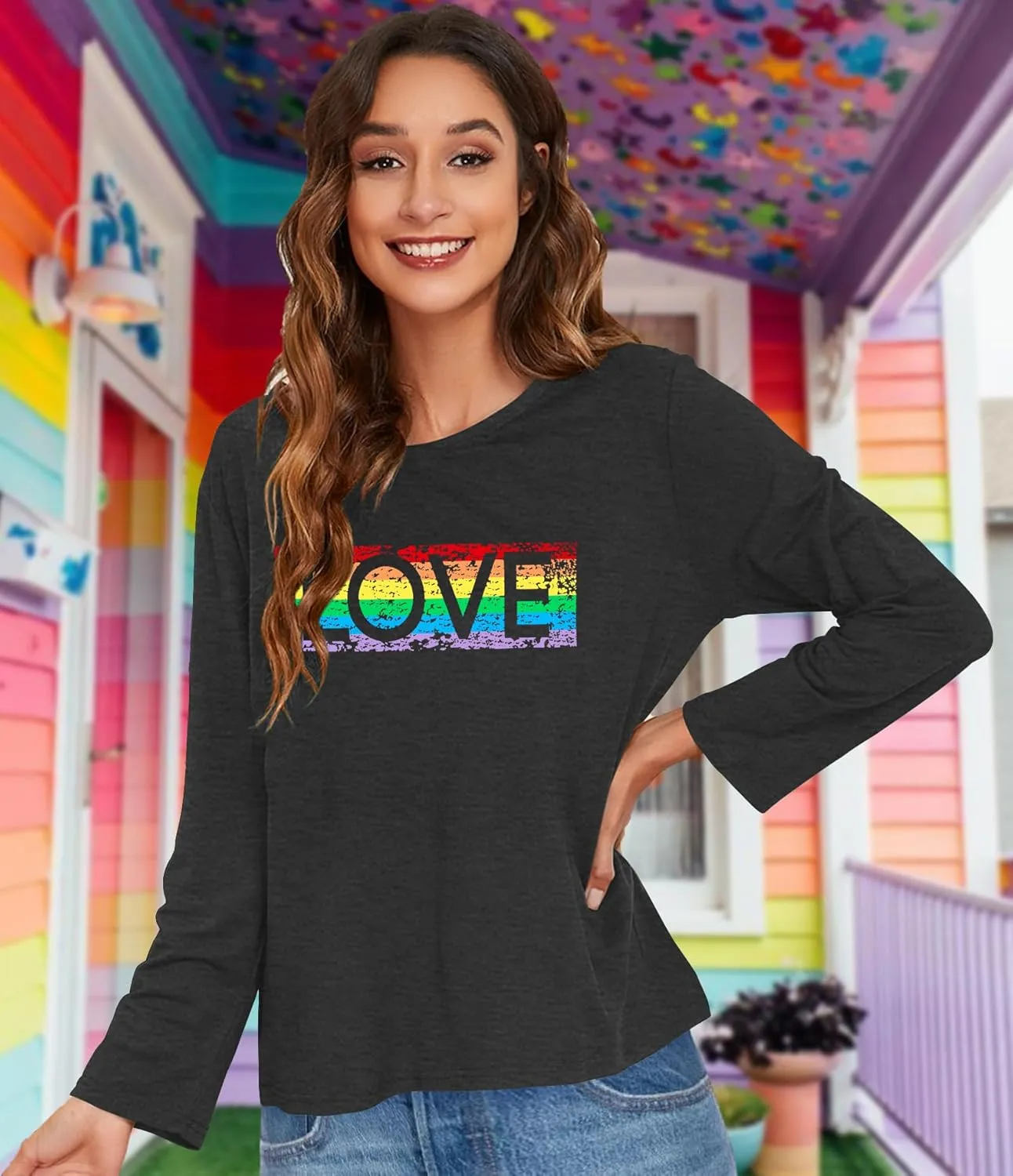 Pride Shirt for Women Equality T-Shirts Rainbow Graphic Long Sleeves LGBTQ Pride Month Tee Tops