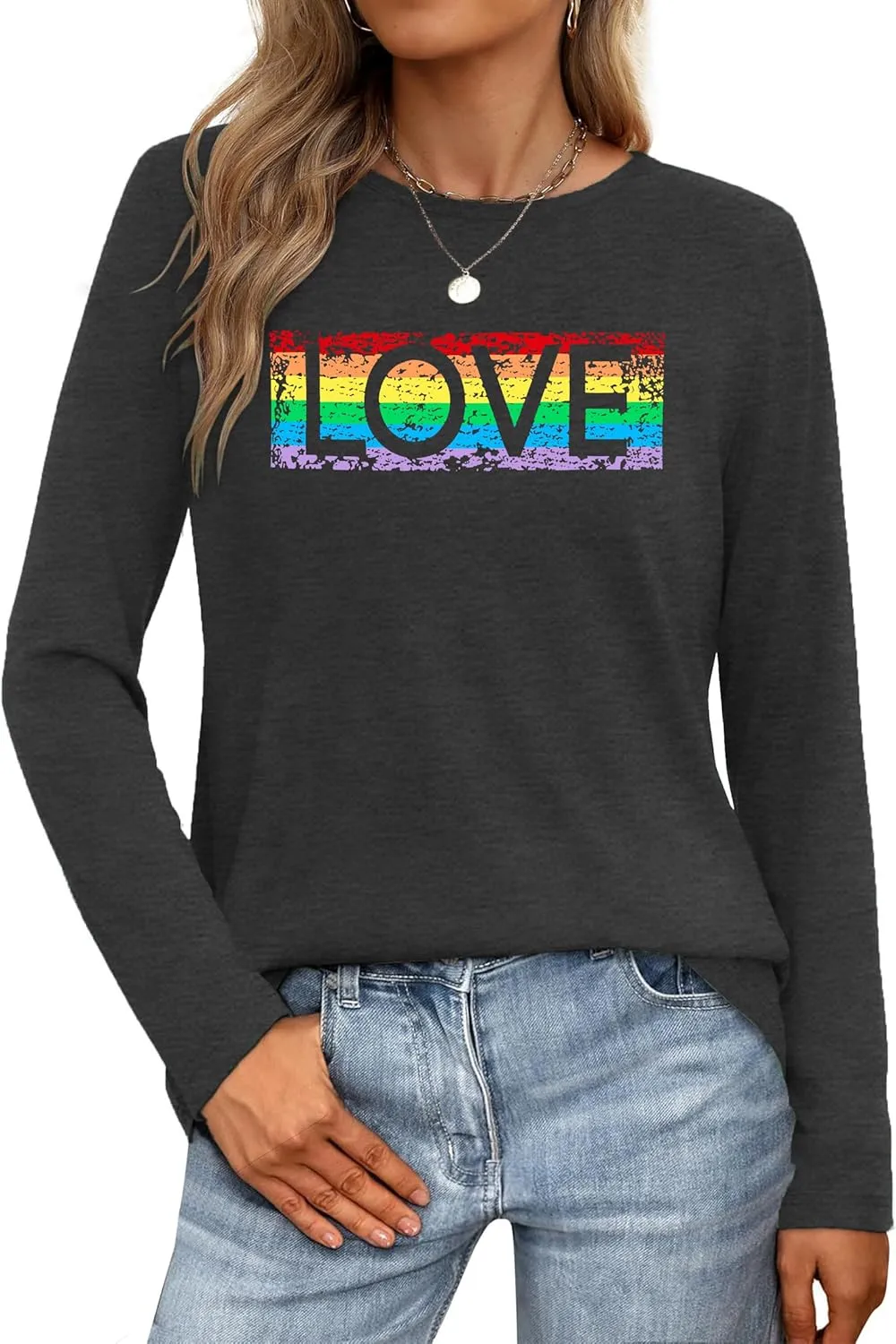 Pride Shirt for Women Equality T-Shirts Rainbow Graphic Long Sleeves LGBTQ Pride Month Tee Tops