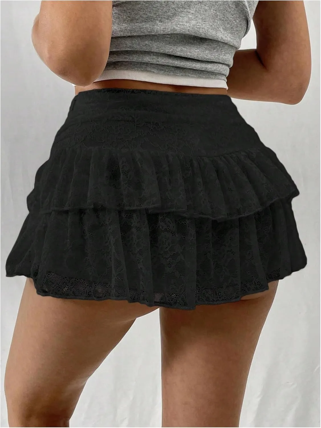 SHENHE Women's Y2k Lace Layered Mini Skirt Ruched A Line Cute Tiered Ruffle Skirt
