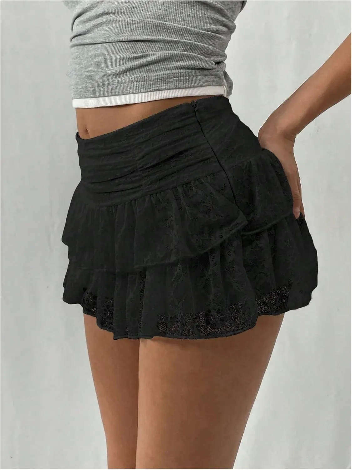 SHENHE Women's Y2k Lace Layered Mini Skirt Ruched A Line Cute Tiered Ruffle Skirt