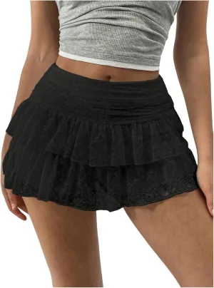 SHENHE Women's Y2k Lace Layered Mini Skirt Ruched A Line Cute Tiered Ruffle Skirt