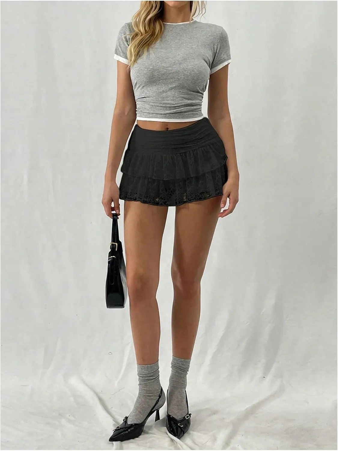 SHENHE Women's Y2k Lace Layered Mini Skirt Ruched A Line Cute Tiered Ruffle Skirt