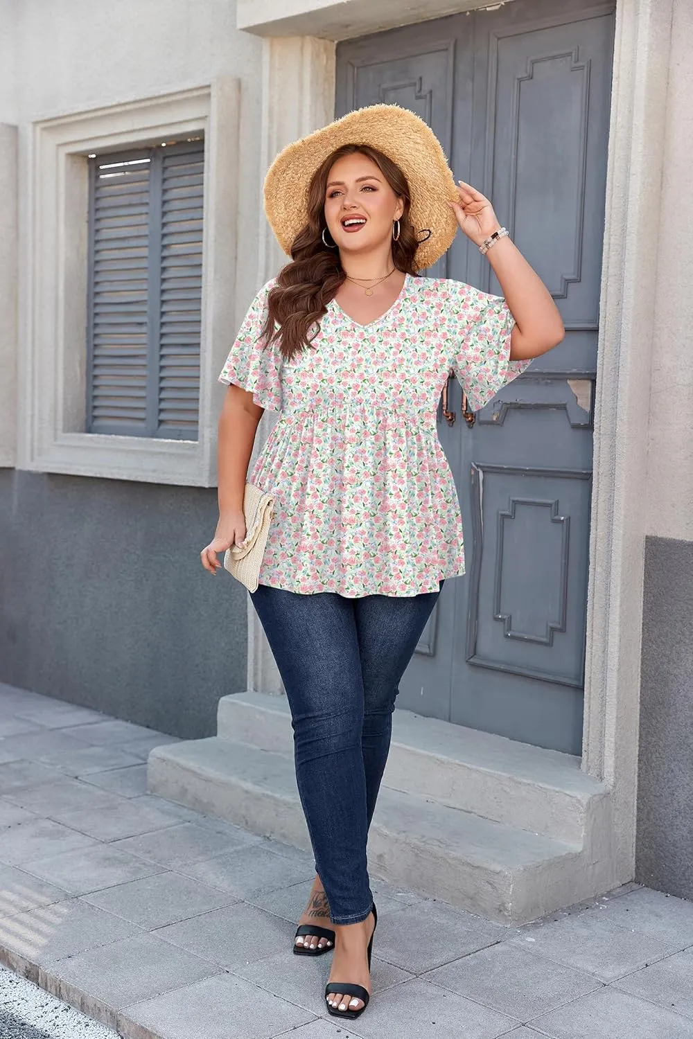 SHIJIALI Womens Plus Size Tops Flutter Sleeve Tunic Empire Waist V Neck Shirts Dressy Blouse