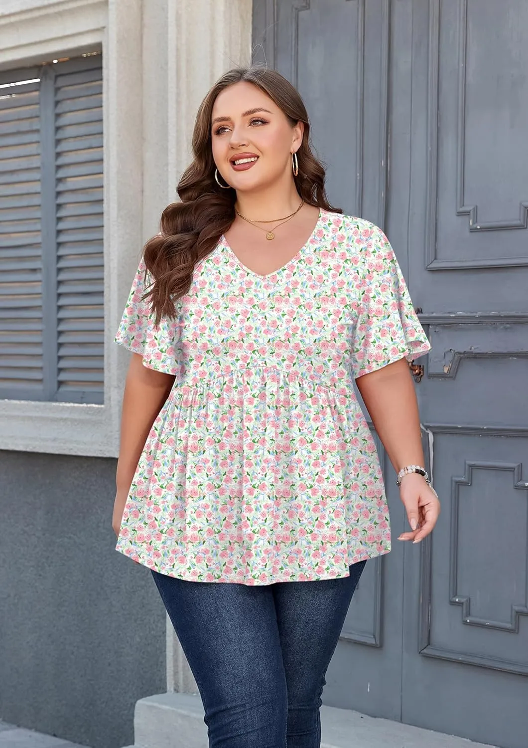 SHIJIALI Womens Plus Size Tops Flutter Sleeve Tunic Empire Waist V Neck Shirts Dressy Blouse