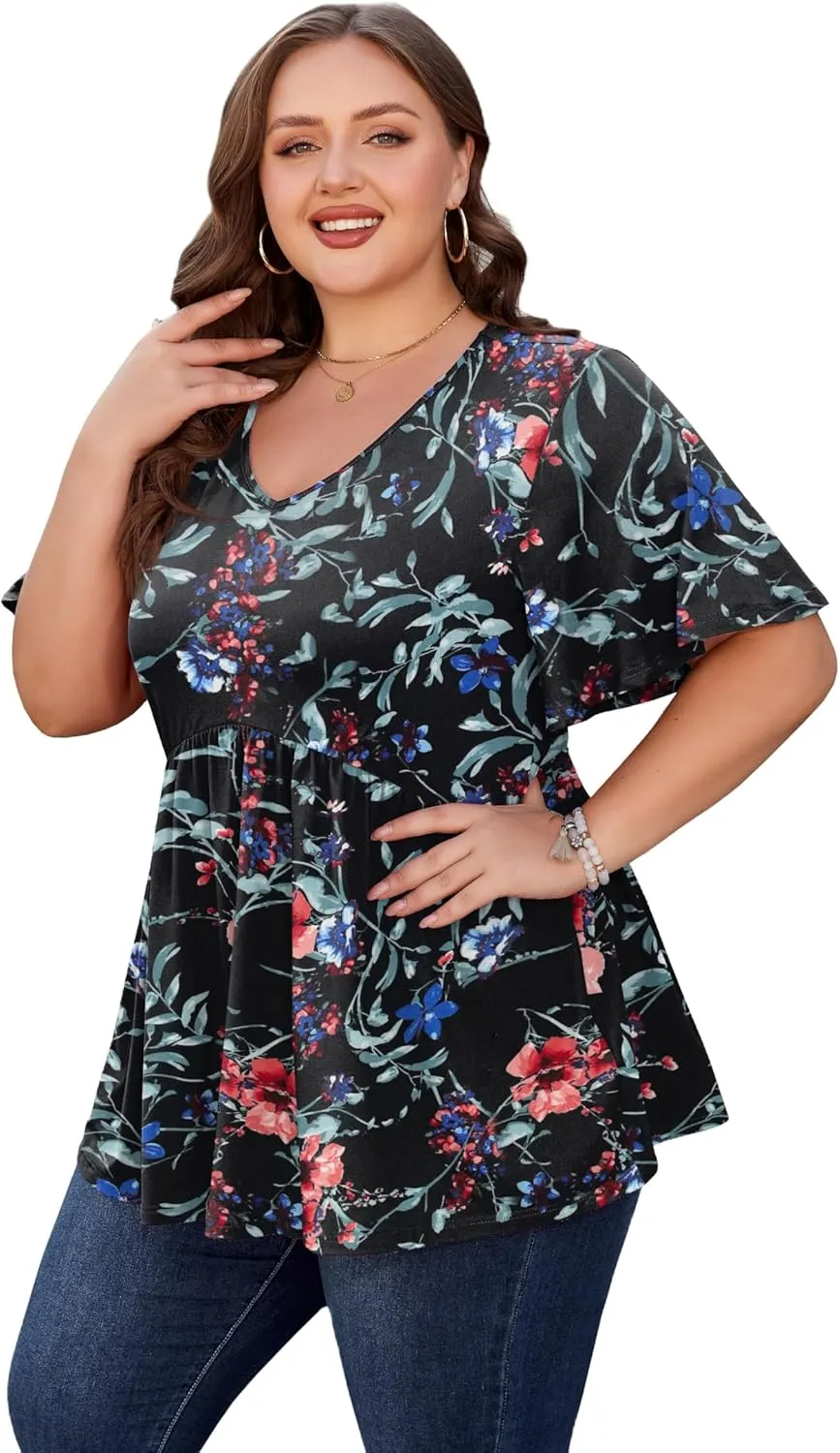 SHIJIALI Womens Plus Size Tops Flutter Sleeve Tunic Empire Waist V Neck Shirts Dressy Blouse