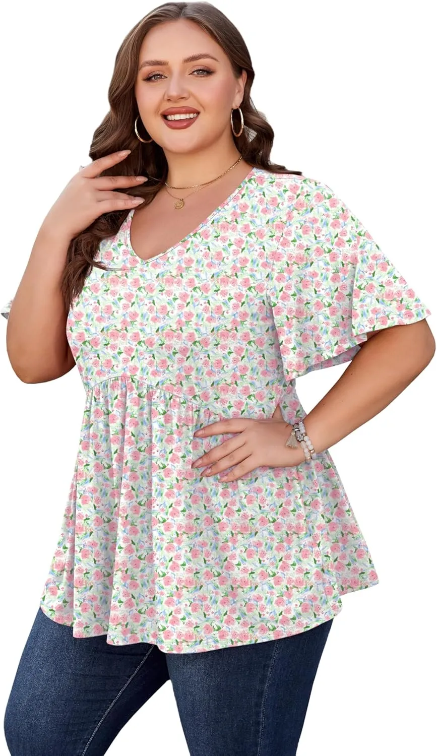 SHIJIALI Womens Plus Size Tops Flutter Sleeve Tunic Empire Waist V Neck Shirts Dressy Blouse